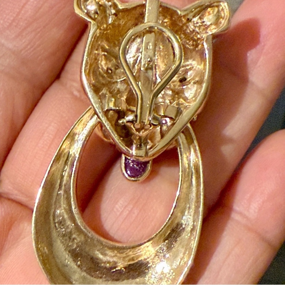 14k solid Gold Panther Earrings with Red Accent. 38.80 grams - Picture 5 of 7